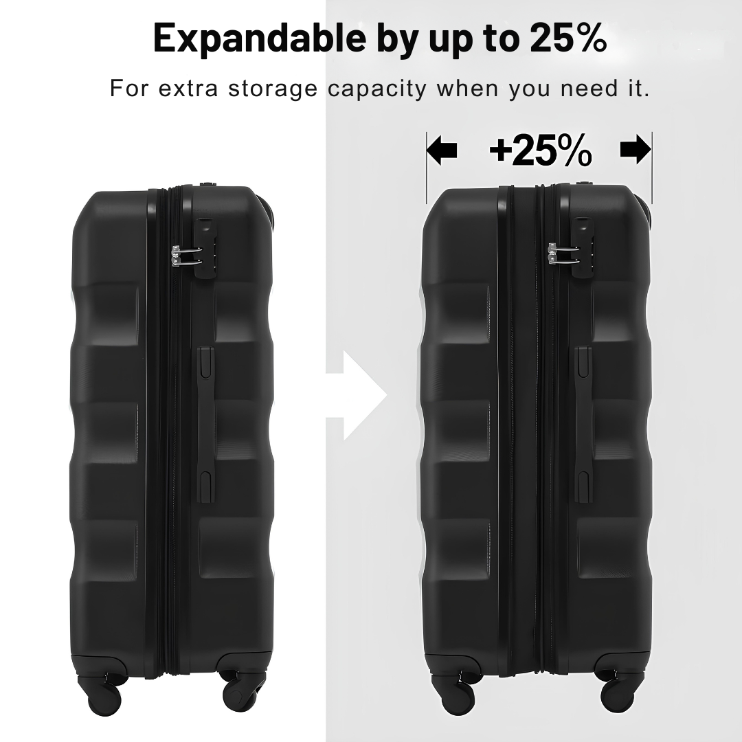 Illustration of the expandable feature on a black hard-shell suitcase, offering up to 25% additional storage capacity thanks to an expandable zip closure.
