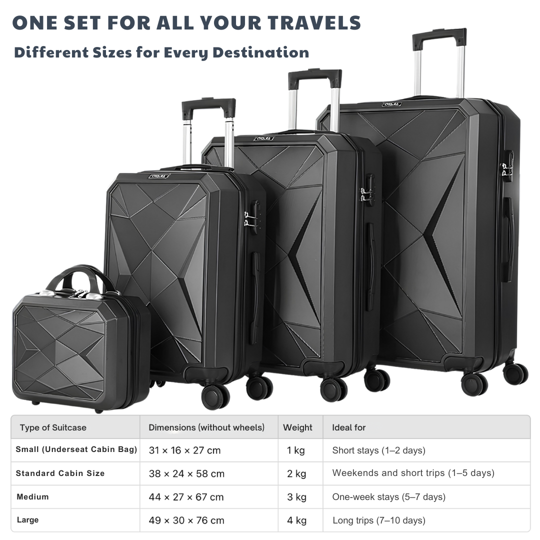 Set of black hard-shell suitcases in different sizes, including a small cabin case, a standard size, a medium, and a large suitcase.
Perfect for all types of travel — from short getaways to long journeys.