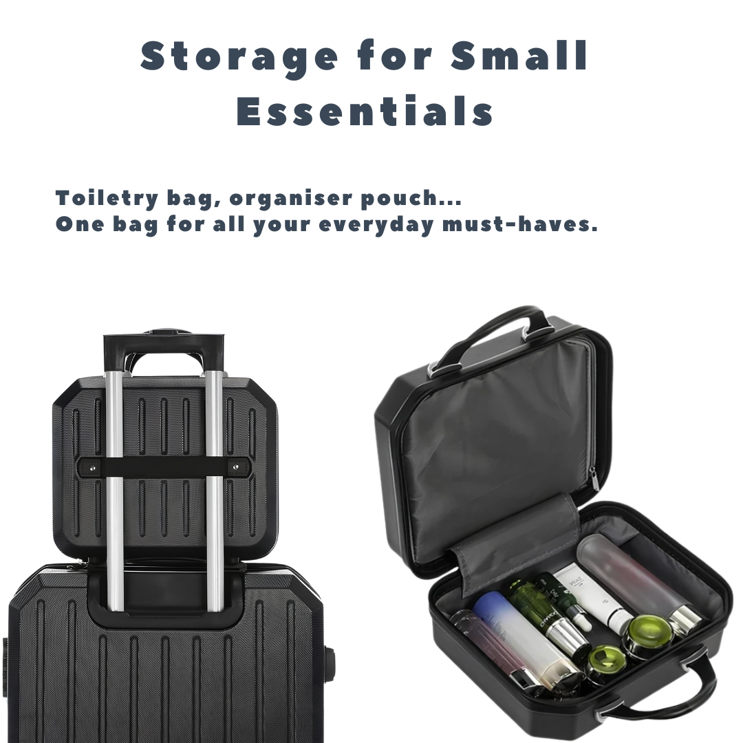 Black storage pouch attached to a suitcase — ideal for carrying small items, cosmetics, and travel essentials.