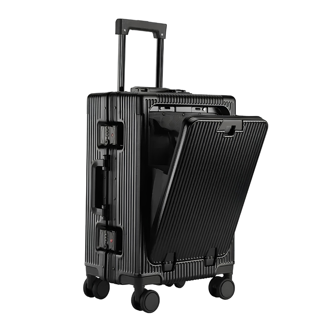 Black aluminium hard-shell suitcase featuring quick-access front opening, secure locks, and a modern design.