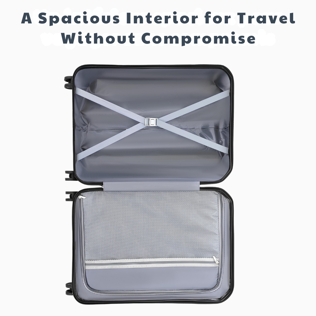 Interior view of a suitcase with a spacious compartment, cross-straps for secure packing, and a zipped mesh pocket for optimal organisation.