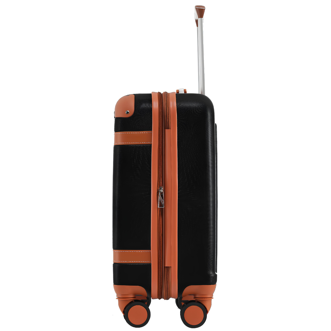 Side view of a black and brown suitcase featuring a telescopic handle and double zip closure.