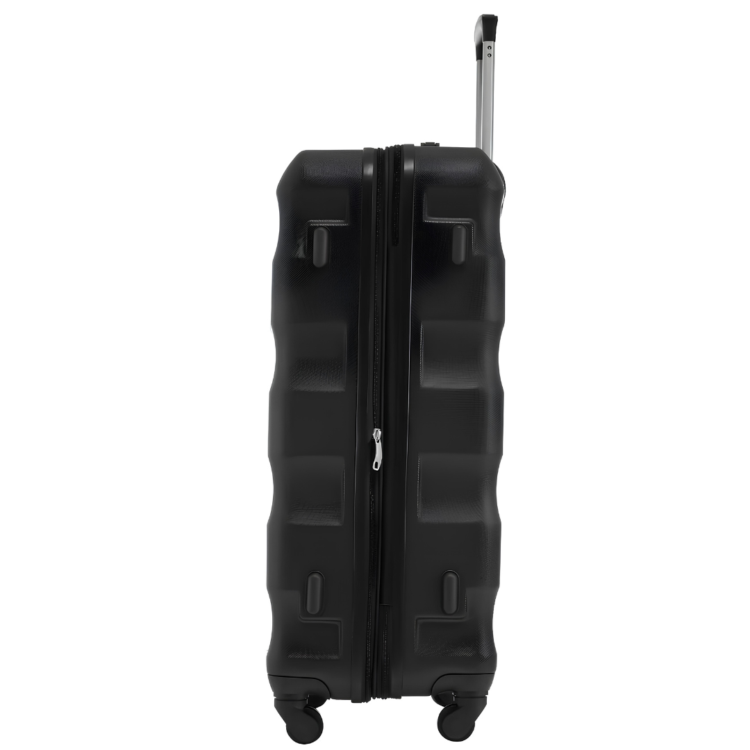 Side view of a black hard-shell suitcase with a wave design, featuring a telescopic handle and four spinner wheels for optimal manoeuvrability.