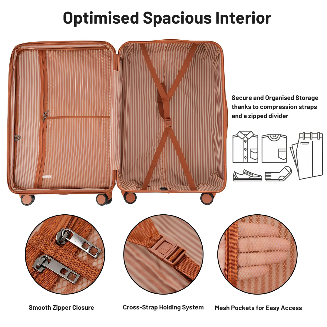 Spacious suitcase interior with beige and brown striped lining, cross-straps, mesh pockets, and a zipped compartment.