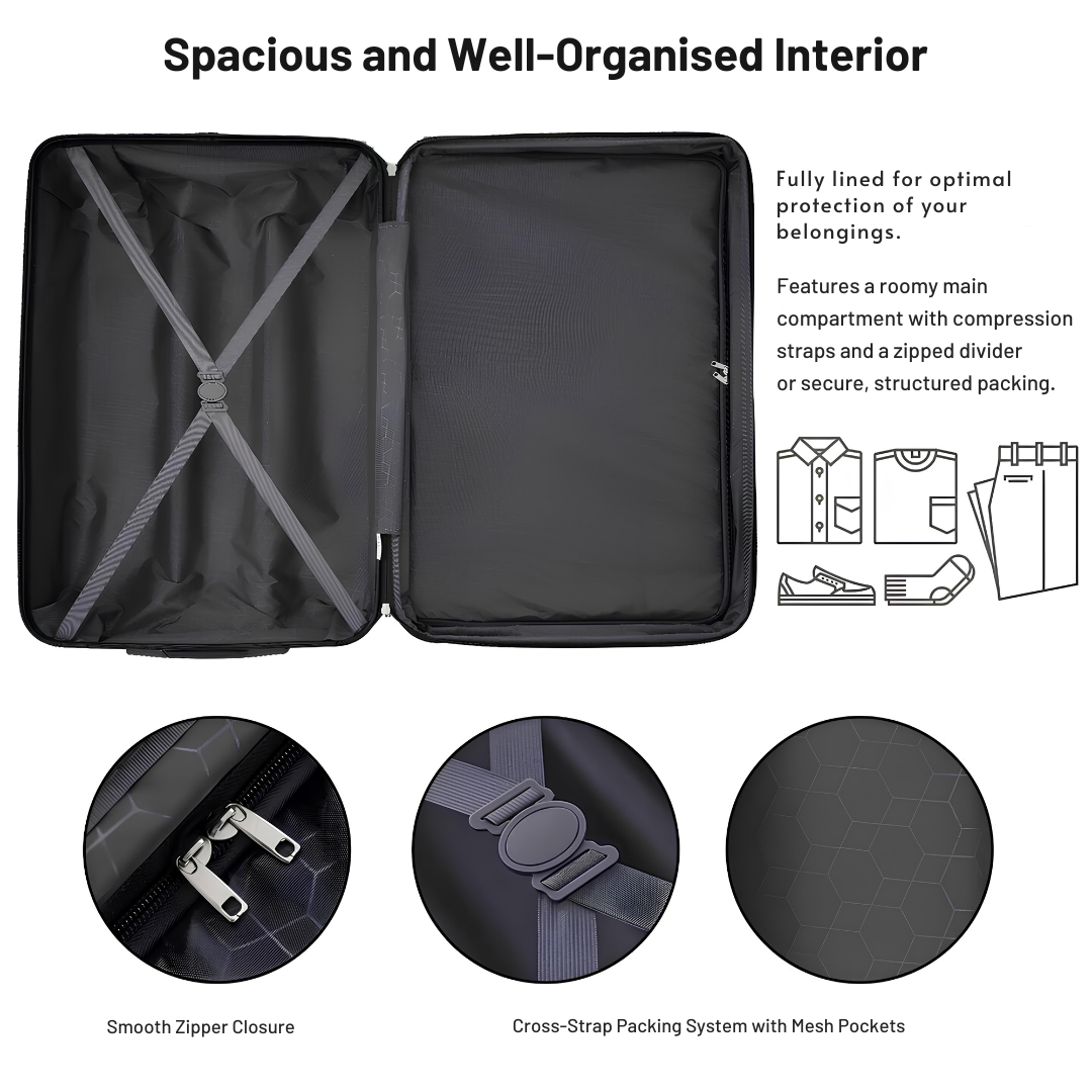 Interior view of a hard-shell suitcase with protective lining, featuring a spacious compartment with cross-straps, a zipped divider, and mesh pockets for structured and secure packing.