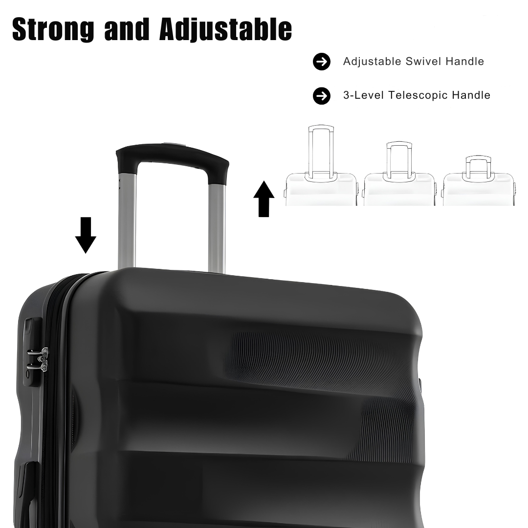 Close-up of a black hard-shell suitcase featuring a 3-level adjustable telescopic handle and swivel grip, providing optimal comfort and manoeuvrability.