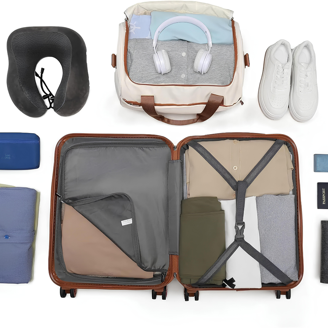 Open suitcase and travel bag displaying optimised packing with neatly organised clothes, travel accessories, and essential items.