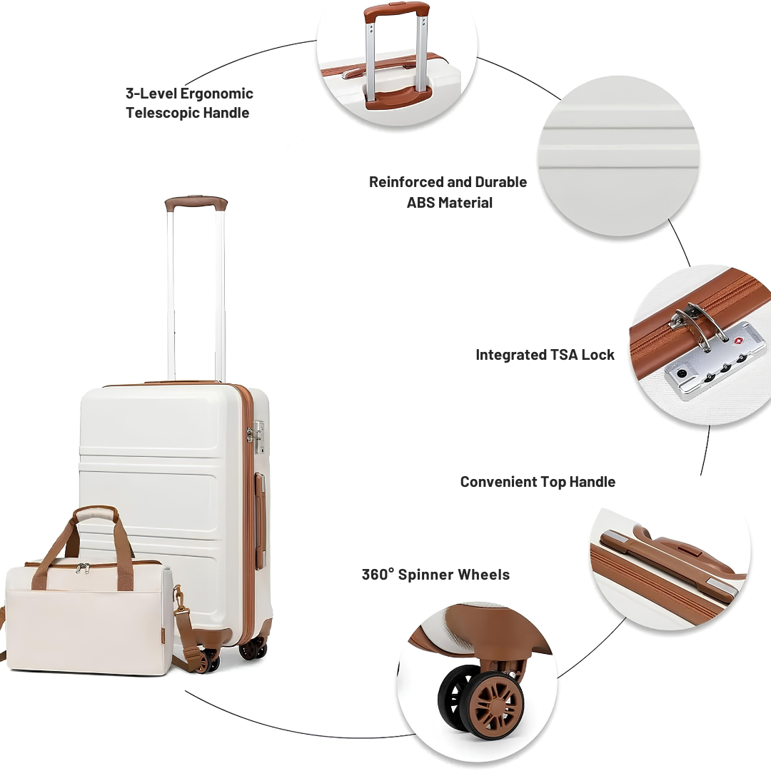 White and brown hard-shell suitcase with matching travel bag, featuring a 3-level ergonomic telescopic handle, reinforced ABS shell, integrated TSA lock, convenient top handle, and 360° spinner wheels.