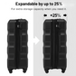 Illustration of the expandable feature on a black hard-shell suitcase, offering up to 25% additional storage capacity thanks to an expandable zip closure.