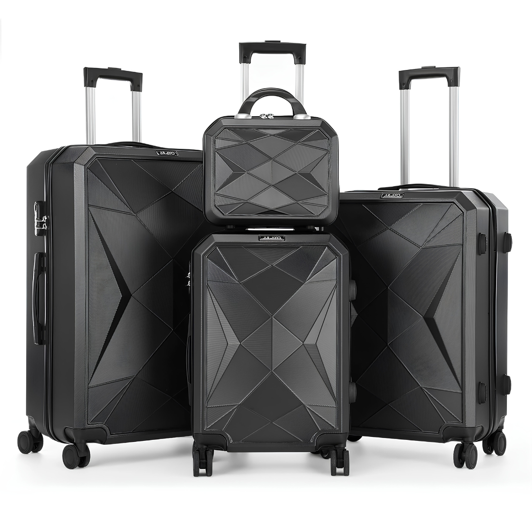 Set of four black hard-shell suitcases with a geometric design, including one vanity case and three sizes of spinner luggage, shown upright with extended telescopic handles.
