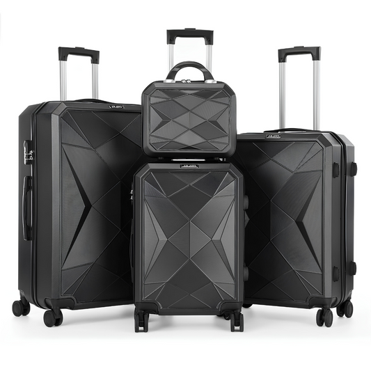 Set of four black hard-shell suitcases with a geometric design, including one vanity case and three sizes of spinner luggage, shown upright with extended telescopic handles.