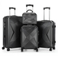 Set of four black hard-shell suitcases with a geometric design, including one vanity case and three sizes of spinner luggage, shown upright with extended telescopic handles.