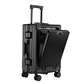 Black aluminium hard-shell suitcase featuring quick-access front opening, secure locks, and a modern design.