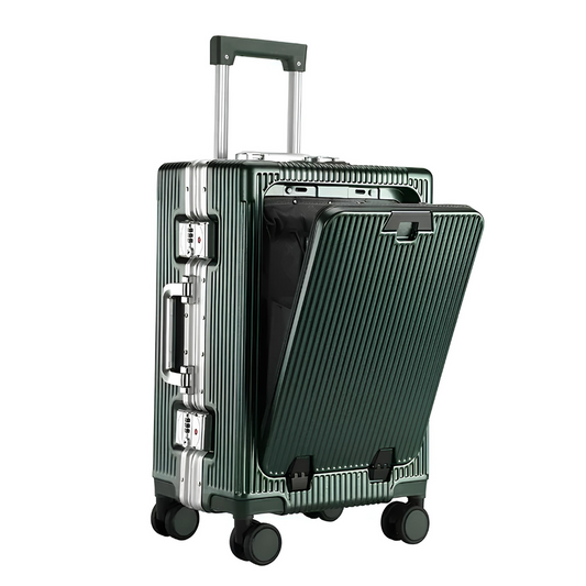 Metallic green hard-shell suitcase with a front-opening design, telescopic handle, and TSA locks — designed for quick access to your travel essentials.