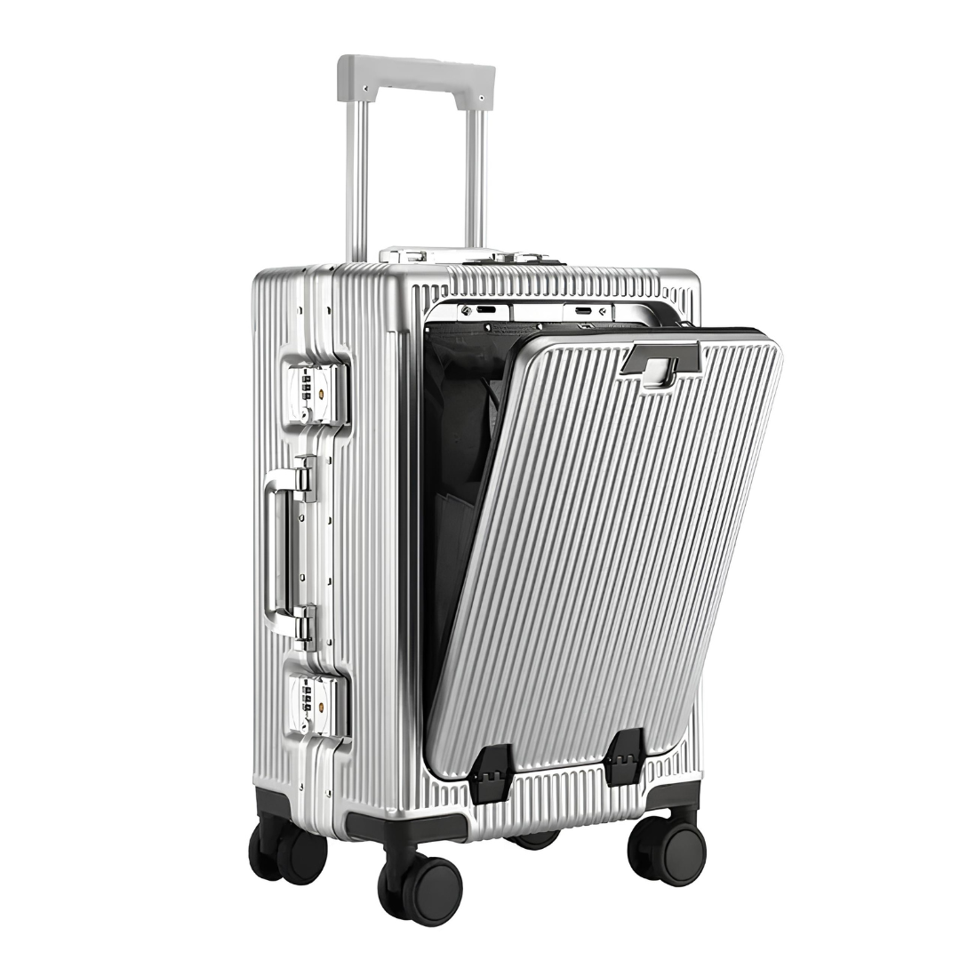 Silver hard-shell suitcase with an aluminium shell, practical front-opening design, adjustable handle, and secure TSA locks.