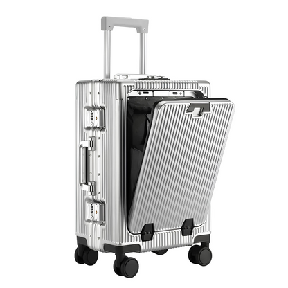Silver hard-shell suitcase with an aluminium shell, practical front-opening design, adjustable handle, and secure TSA locks.