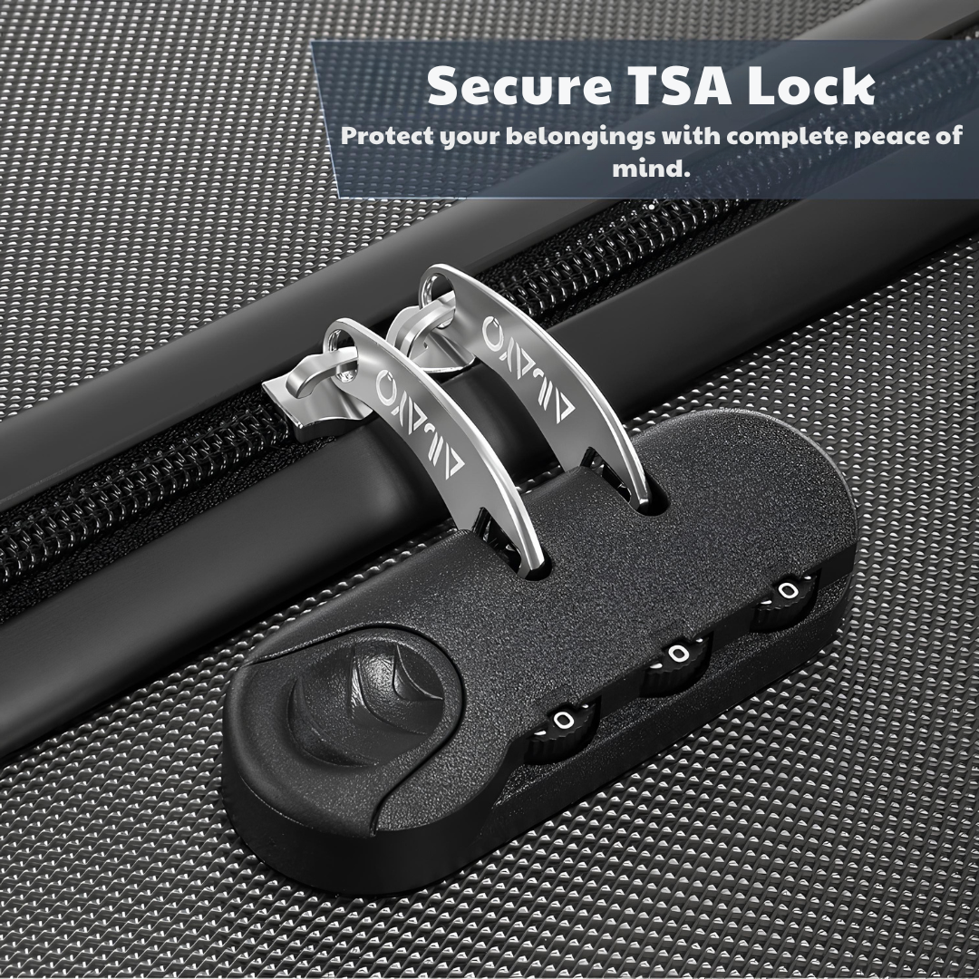 Close-up of an integrated TSA combination lock on a hard-shell suitcase, providing optimal luggage security.