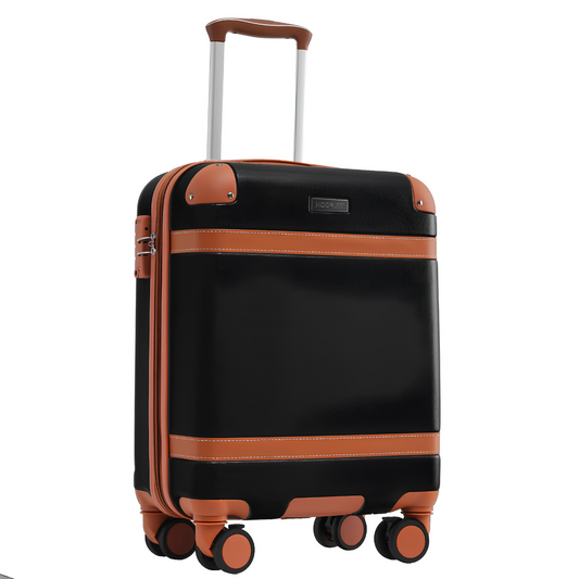 Front view of a black cabin suitcase with brown accents, featuring four spinner wheels, a telescopic handle, and faux leather details.