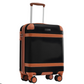 Front view of a black cabin suitcase with brown accents, featuring four spinner wheels, a telescopic handle, and faux leather details.