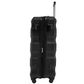 Side view of a black hard-shell suitcase with a wave design, featuring a telescopic handle and four spinner wheels for optimal manoeuvrability.