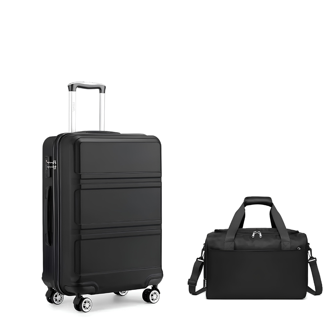 Matte black hard-shell suitcase with spinner wheels, paired with a sleek and practical matching black travel bag.