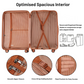 Spacious suitcase interior with beige and brown striped lining, cross-straps, mesh pockets, and a zipped compartment.
