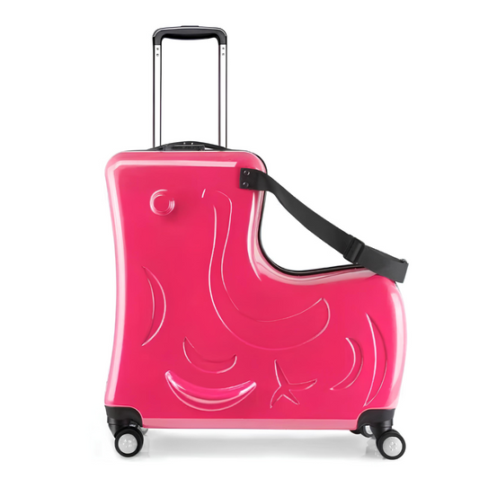 Pink animal-shaped kids' suitcase featuring a safety strap, telescopic handle, and wheels for easy and playful transport.