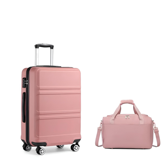 Pink hard-shell suitcase with a telescopic handle and four spinner wheels, paired with a matching travel bag featuring a shoulder strap.