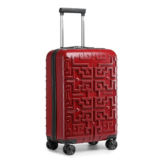 Red hard-shell suitcase with a raised geometric pattern, featuring a telescopic handle and 360° spinner wheels for easy movement.