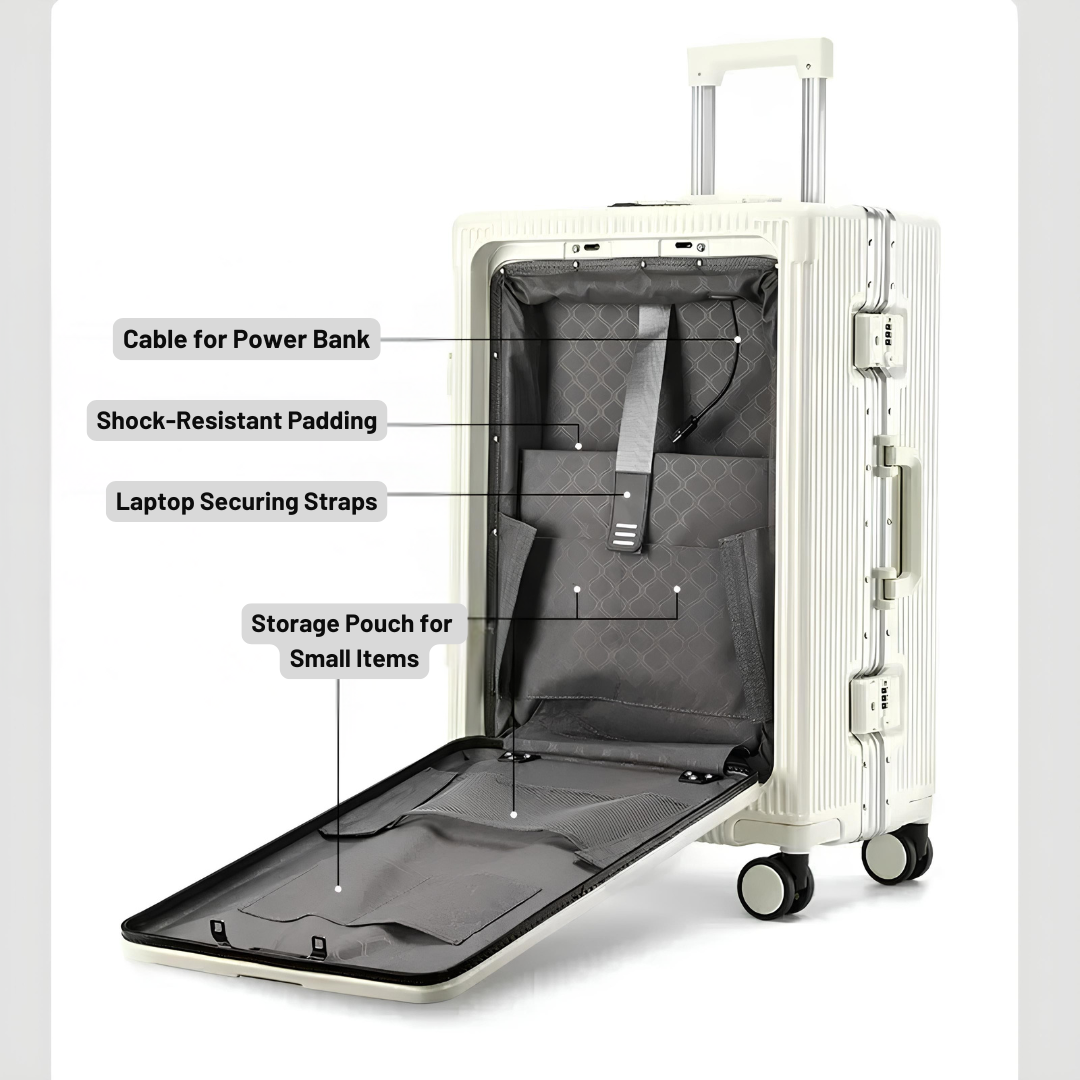 Interior view of a white suitcase featuring a padded compartment, securing straps, storage pouches, and a cable for a power bank.