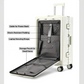 Interior view of a white suitcase featuring a padded compartment, securing straps, storage pouches, and a cable for a power bank.